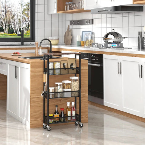 Go To Slim Four Tier Rolling Storage Cart For Narrow Spaces With Wood Top And Metal Handle Mobile Kitchen And Pantry Shelving Unit On Wheels For Small Kitchen Bathroom Laundry Room Space Saver next to a kitchen island in modern kitchen