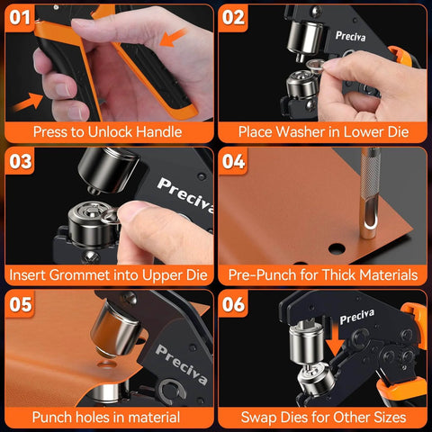 Three Size Grommet Tool Kit With Interchangeable Dies Half Inch Quarter Inch Three Eighths Inch Eyelet Setting Tool usage steps
