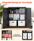 Sturdy 41.7 Inch Metal Storage Cabinet With 3 Tiers, 2 Adjustable Shelves, Lockable Magnetic Doors And 2 Keys, Heavy-Duty Steel Garage Pantry For Workshop, Basement, Office, Black open with files and storage boxes