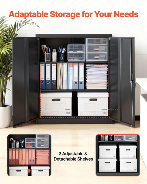 Sturdy 41.7 Inch Metal Storage Cabinet With 3 Tiers, 2 Adjustable Shelves, Lockable Magnetic Doors And 2 Keys, Heavy-Duty Steel Garage Pantry For Workshop, Basement, Office, Black open with files and storage boxes
