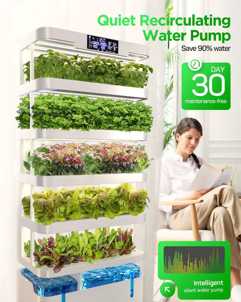 Five Tier Indoor Hydroponics Growing System Kit With Auto Misting Full Spectrum Grow Light Smart Climate Control Vertical Herb Garden For Home Or Pro Use shown in a room setting.