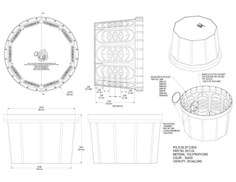Technical schematics of Rhino 24 Inch Heavy Duty Catch Basin Kit With 24 Inch Grate, 10 Hole Box, layout and dimensions shown