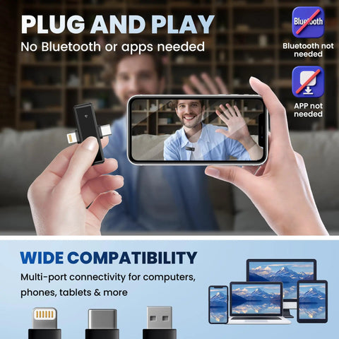 Universal 3 In 1 Wireless Lavalier Microphone With Lightning USB C And USB A shown with phone recording video call