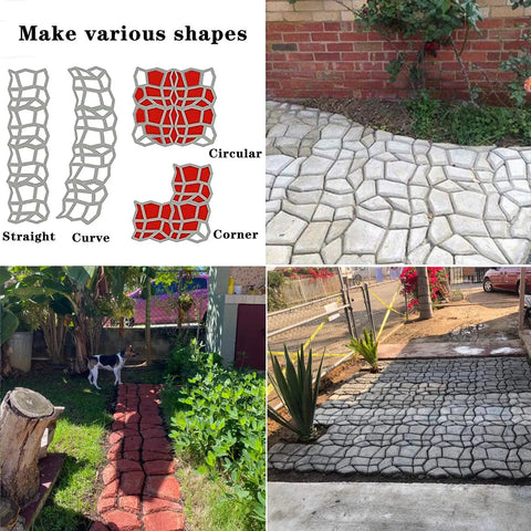Two Pack Plus Size Stepping Stone Molds For Diy Concrete Pavers 16.9 By 16.9 By 1.57 Inches Reusable Walkway Molds For Patio Lawn Garden Create Custom Pathways With Ease For Outdoor Spaces And Easy Diy Projects, shown in various shapes including straight and circular paths in garden and patio settings.