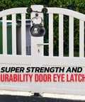 Heavy Duty 6 Inch Cabin Hook And Eye Latch With Safety Buckle on white gate with 80 lbs weight for super strength and durability