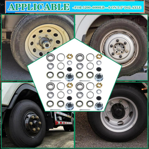 4 Sets Trailer Axle Hub Heavy Duty Bearings Kit For 5200-6000 Lbs Trailers With D42 Tapered Spindle Includes 21333TB Grease Seals