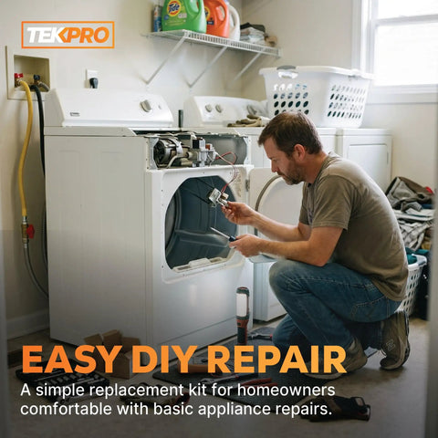 Man repairing dryer using Gas Dryer Repair Kit With 279311 Igniter 338906 Flame Sensor And 279834 Valve Coil For Whirlpool Kenmore Maytag Amana Sears KitchenAid Roper 27 Inch And 29 Inch Dryers Fix No Heat Fast
