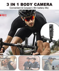 Man cycling with Crisp 4K Body Cam with audio and video, showing 180 degree rotating lens, 6h battery, 128GB body worn camcorder.