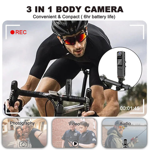 Man cycling with Crisp 4K Body Cam with audio and video, showing 180 degree rotating lens, 6h battery, 128GB body worn camcorder.