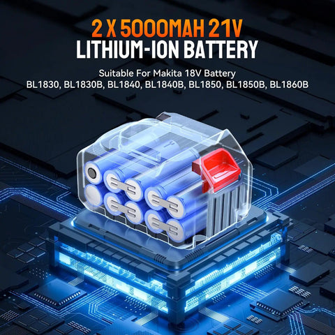 Two 5000mAh 21V lithium-ion batteries compatible with Makita 18V, used for Portable Cordless Brushless Rivet Gun
