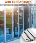 Rock Solid 83 Inch Heavy Duty Anodized Aluminum Continuous Geared Hinge With Center Pivot And Tamperproof Frame Built To Last For Busy Storefront Door Fixes In Silver, shown installed on glass doors.