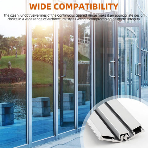 Rock Solid 83 Inch Heavy Duty Anodized Aluminum Continuous Geared Hinge With Center Pivot And Tamperproof Frame Built To Last For Busy Storefront Door Fixes In Silver, shown installed on glass doors.