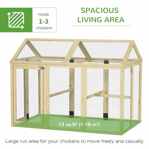 Large Wooden Chicken Coop With Run And Perches For Outdoor Backyard Farm 4.6 By 2.8 Feet Modular Combinable Design With Lockable Doors Ideal For 1 To 3 Chickens And 13 Sq Ft Of Spacious Living, showing spacious living area label and dimensions.