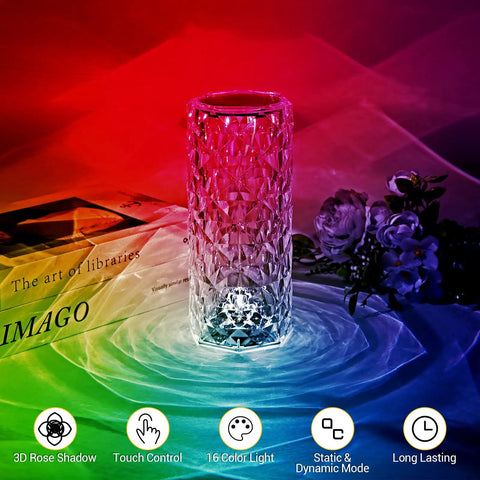 Rose Lamp With 16 Colors RGB Night Light, USB Rechargeable Touch Desk Lamp, Diamond Cut Acrylic LED Mood Light on table