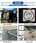 Top Tier 10ft Slick Black Mobile Food Truck For Coffee Kiosks And Pop Up Catering With Reliable Walk Up Fridge Unit Factory Direct Certified Build Ready To Hustle Hard sales window, power connector, towing system, and truck jack details.