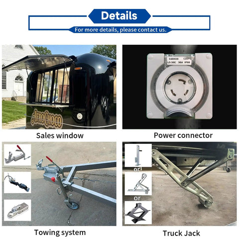Top Tier 10ft Slick Black Mobile Food Truck For Coffee Kiosks And Pop Up Catering With Reliable Walk Up Fridge Unit Factory Direct Certified Build Ready To Hustle Hard sales window, power connector, towing system, and truck jack details.