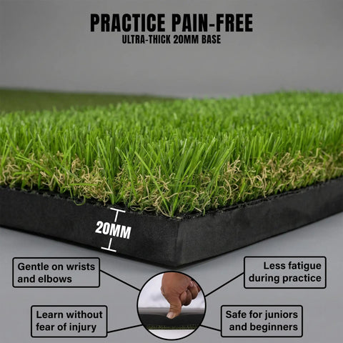 Ultra Thick Premium Golf Mat With 20mm Base For Indoor Or Outdoor Practice, side view highlighting 20mm thick base and text benefits