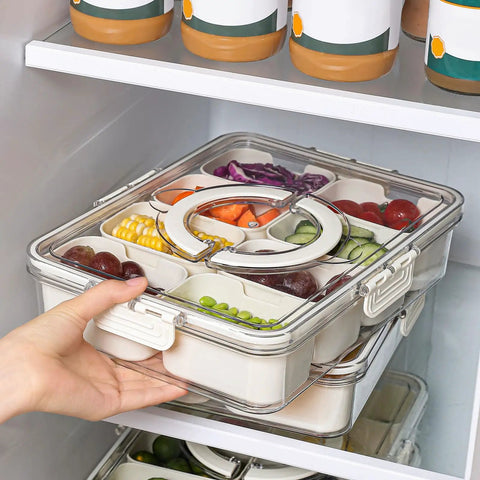 Two Pack Divided Snack Box With Clear Lid And Handles Portable Charcuterie Tray For Parties And Picnics in a fridge with veggies