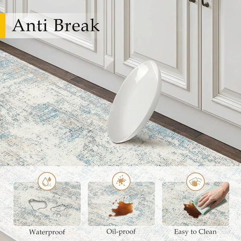Set Of Two Anti Fatigue Waterproof Kitchen Mats Blue Cream Abstract Cushioned Grippy Non Slip Comfort Standing Mats For Sink Laundry And Office Use With Durable Non Slip Backing And Easy Clean Finish in kitchen setting showing anti-break feature, waterproof, oil-proof, and easy to clean characteristics.