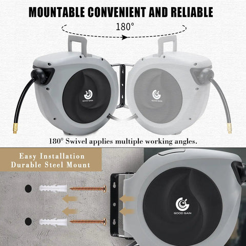 Retractable Air Hose Reel With Three Eighths Inch By 50 Ft Hybrid Polymer Hose Auto Rewind Enclosed Shop Ready Mount Heavy Duty 180 Degree Swivel 300 PSI Pro Grade Commercial Quality Polypropylene Gray shown with 180-degree swivel feature and installation parts.
