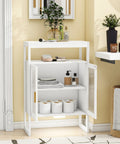 Space Saving White Bathroom Storage Cabinet With Motion Sensor LED Light And Two Doors Acrylic Door Panels Sturdy Metal Handles Dust Proof And Hassle Free Access Ideal For Small Bathrooms And Busy Homes, open with towels and toiletries visible