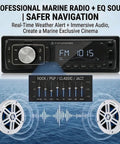 Single Din Bluetooth 5.1 Marine Car Stereo Receiver With 240W Power display with EQ, speakers, and controls for 12V vehicles.