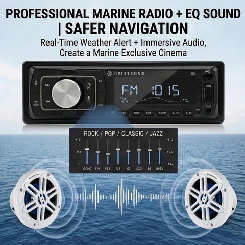 Single Din Bluetooth 5.1 Marine Car Stereo Receiver With 240W Power display with EQ, speakers, and controls for 12V vehicles.