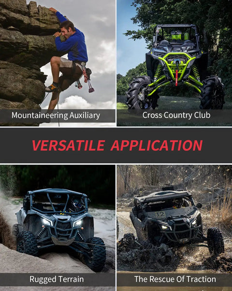 Versatile applications of ATVs with Beefed Up Synthetic Winch Rope Kit 50 Foot One Quarter Inch Cable showcased in outdoor scenarios.