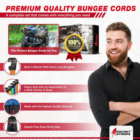 Beefy Heavy Duty Bungee Cord Set With Hooks, 36 Cord Assortment In Various Lengths, Packaging Box, Features Highlights, Man Smiling