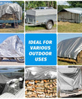 Collage of Heavy Duty 16 Mil Waterproof Tarp 10x10 Feet for Outdoor Use covering vehicles, hay, wood, and furniture.