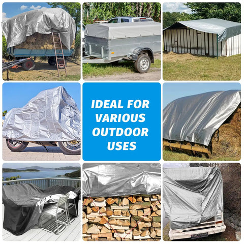 Collage of Heavy Duty 16 Mil Waterproof Tarp 10x10 Feet for Outdoor Use covering vehicles, hay, wood, and furniture.