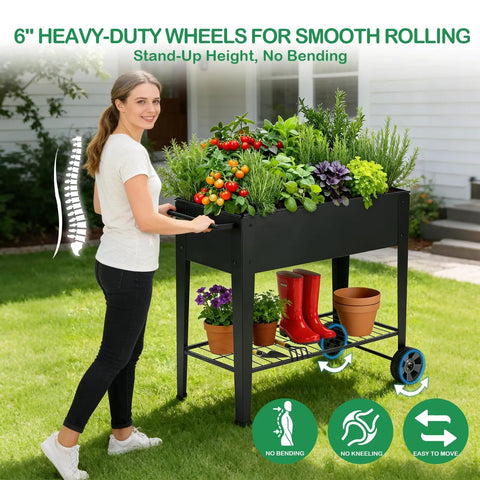 Woman pushing tall raised garden bed on wheels with extra wide 37.4 inch by 15.7 inch planting box, metal planter for veggies, herbs, flowers, with storage shelf and handle on patio or balcony.