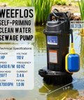 1.0HP Submersible Sump Pump With Automatic Float Switch floating in a pond, showcasing technical specifications and design details.