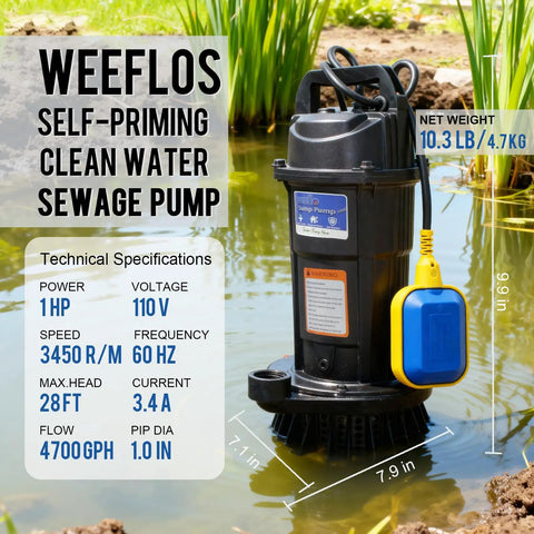 1.0HP Submersible Sump Pump With Automatic Float Switch floating in a pond, showcasing technical specifications and design details.