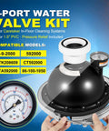 5 Port Water Valve Kit for in-floor pool cleaning system with pressure relief, compatible models list shown on blue background.