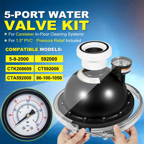 5 Port Water Valve Kit for in-floor pool cleaning system with pressure relief, compatible models list shown on blue background.