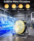 24 Inch Industrial Drum Fan With 320W Power in a warehouse setting, showing its heavy duty metal air circulator design and easy move casters.