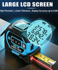 Close-up of Solid Workhorse 3 In 1 Laser Distance Meter with large LCD screen displaying measurements and retractable tape.