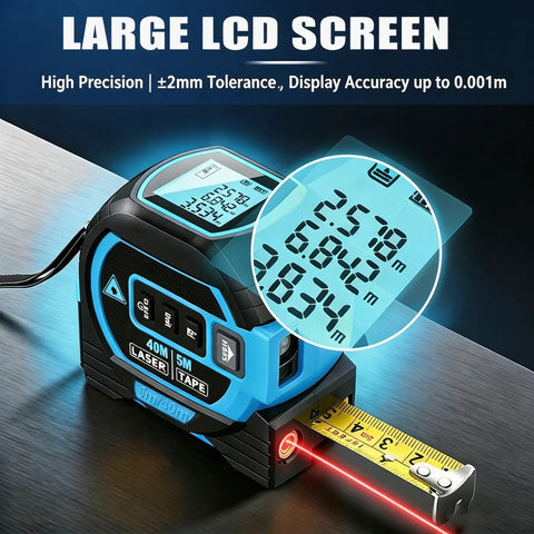 Close-up of Solid Workhorse 3 In 1 Laser Distance Meter with large LCD screen displaying measurements and retractable tape.