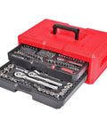 256 Piece Mechanics Tool Set With 72 Tooth Low Profile Ratchet And 2 Drawer Tool Box Pro Grade All In One Kit For Auto Home And Shop Projects Includes Sockets Wrenches And More in red two-drawer box.