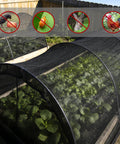 39 Ft Mosquito Netting For Patio And Backyard Garden covering plants in a garden, showing black polyester mesh bug barrier protection.