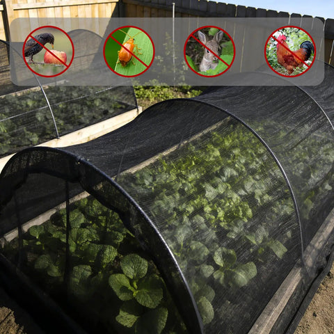 39 Ft Mosquito Netting For Patio And Backyard Garden covering plants in a garden, showing black polyester mesh bug barrier protection.