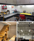 2 Ft LED Shop Light With 3500 Lumens And 6500K Super Bright White illuminating a workbench and warehouse space