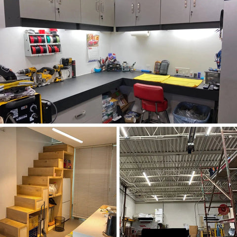 2 Ft LED Shop Light With 3500 Lumens And 6500K Super Bright White illuminating a workbench and warehouse space