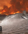 Serious Wildfire Prep Gotta Have This Rooftop Sprinkler With Real Deal Solid Copper 360 Adjustable Head on roof, spraying water.