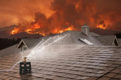 Serious Wildfire Prep Gotta Have This Rooftop Sprinkler With Real Deal Solid Copper 360 Adjustable Head on roof, spraying water.