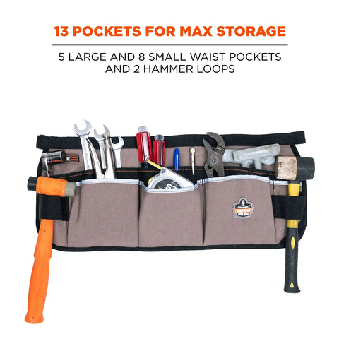 Arsenal 5706 Canvas Waist Tool Apron With 13 Pockets And Dual Hammer Loops, showing filled pockets, shorter length, gray.