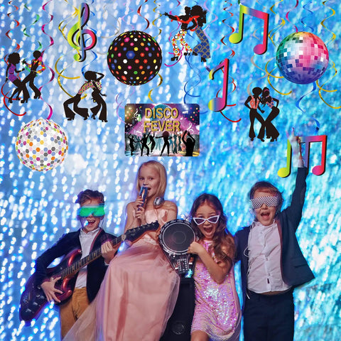 53 Piece 70s Disco Party Decorations Kit With Hanging Swirls And Disco Ball Cutouts in use at a kids' party