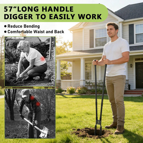 Man using 57 Inch Heavy Duty Post Hole Digger with Metal Shaft and Sharp Shovel Head for Easy Digging in garden