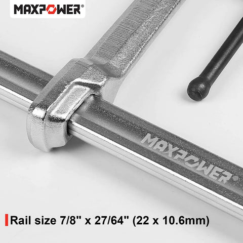 Close-up of Heavy Duty F Clamp Set 12 Inch Jaw Opening And Four And Three Quarters Inch Throat Depth Pack Of Two showing rail size.
